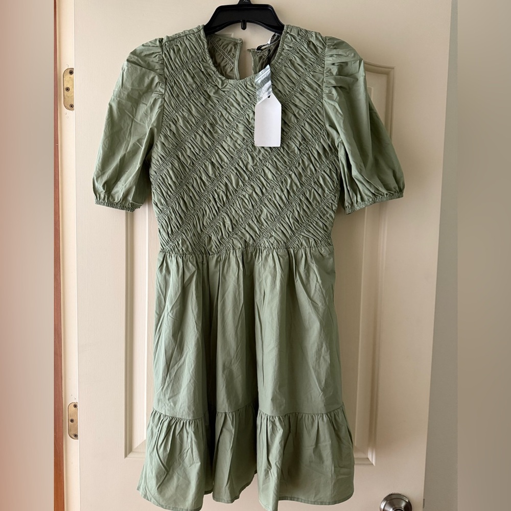 NWT English Factory Smocked puff sleeve sage green dress